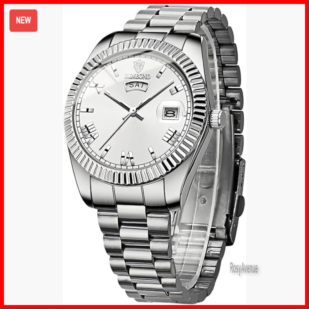 Mens Stainless Steel Business Watch Roman Numerals Day Date Waterproof